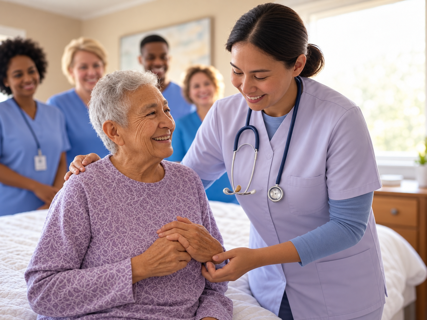 Caregiver providing respectful personal care assistance to an older adult at home.