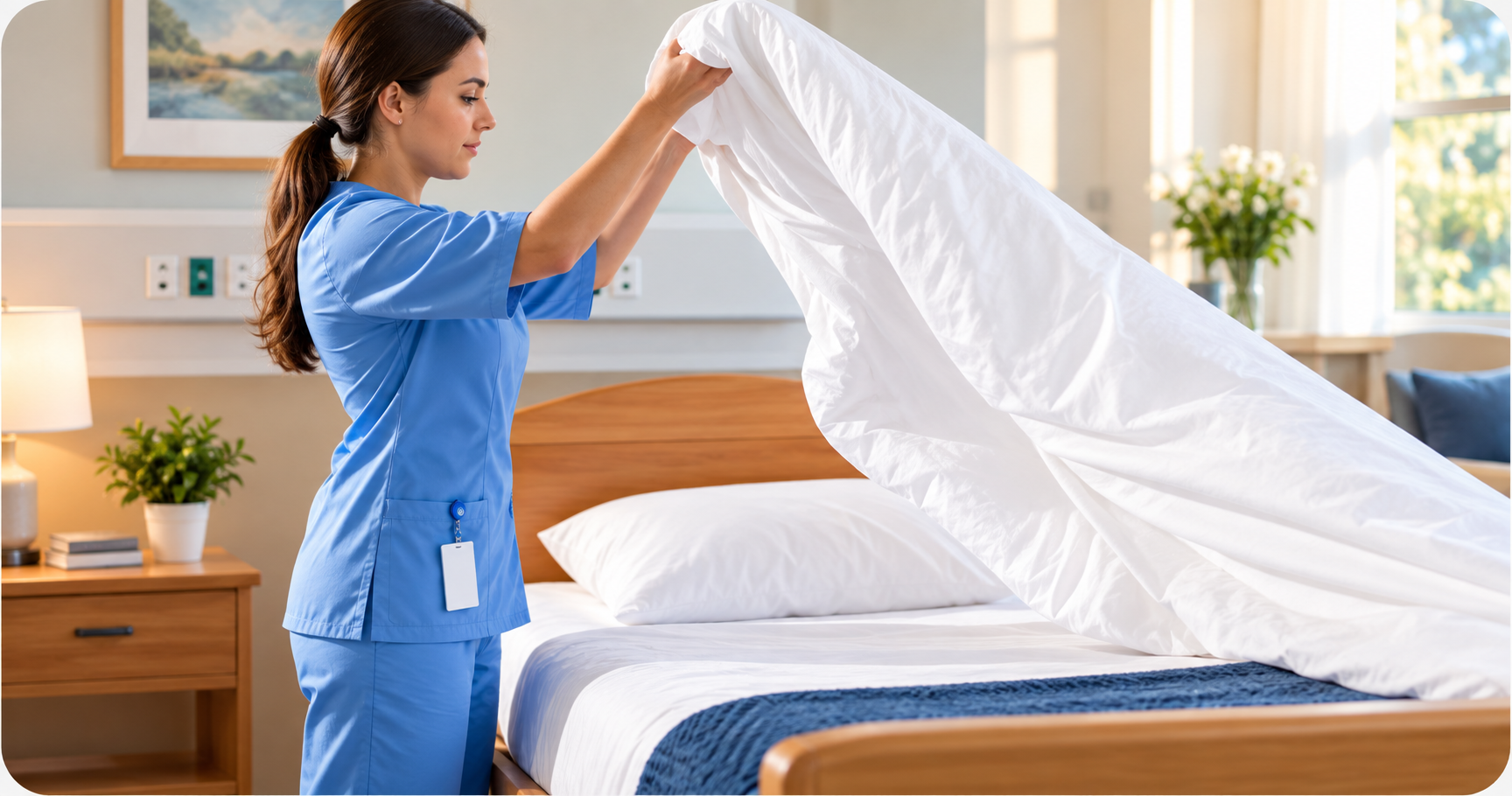 Caregiver providing housekeeping support by making a bed in a Snellville, Georgia home.