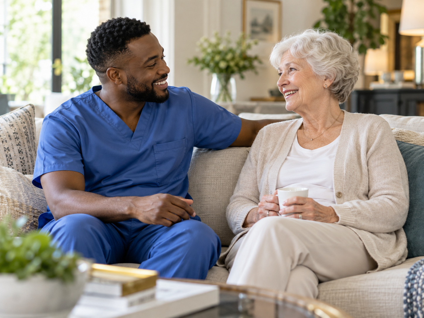 Professional caregiver having a friendly conversation with an older adult at home.