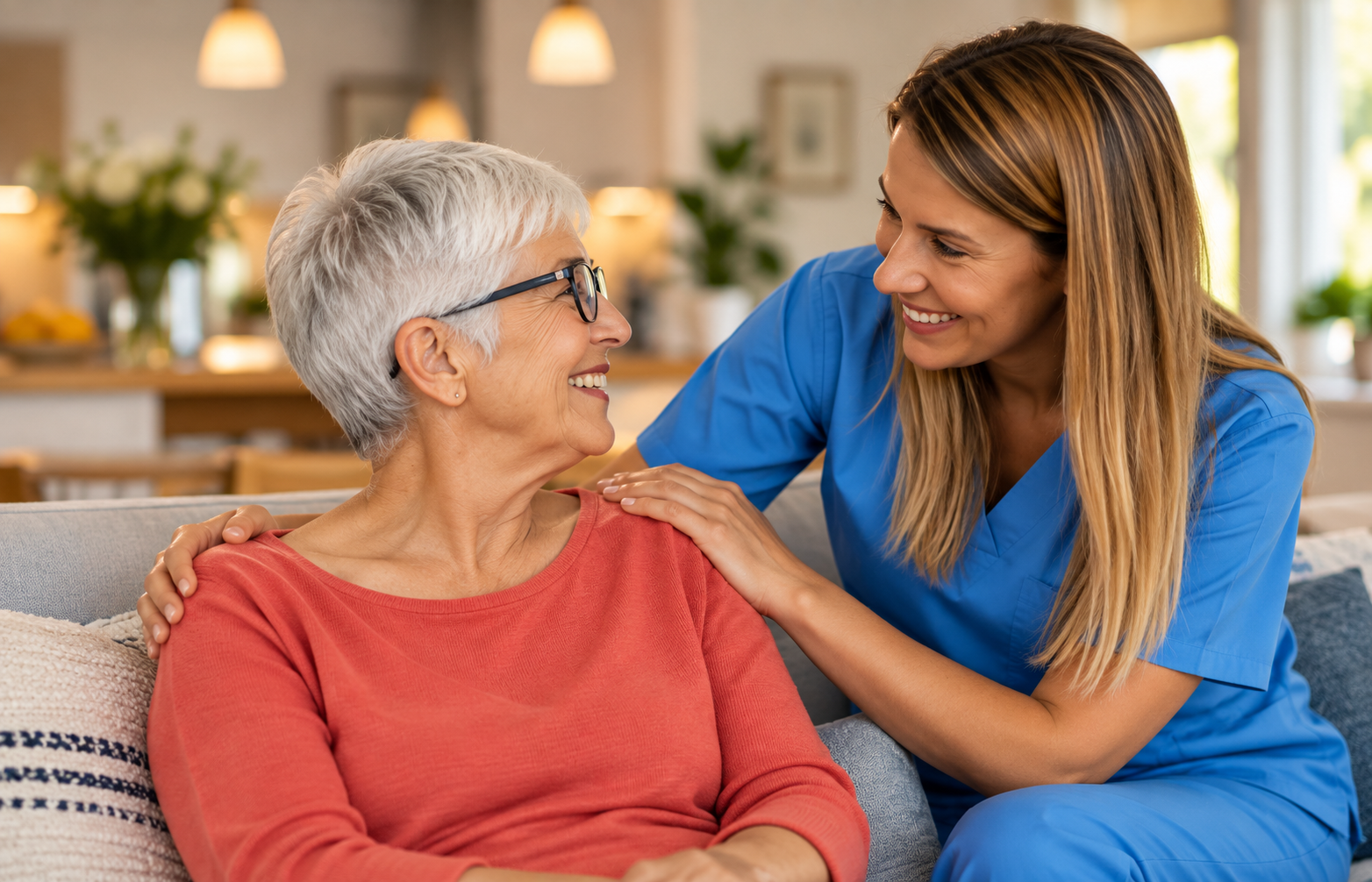 Caregiver helping an older adult with daily living support at home.