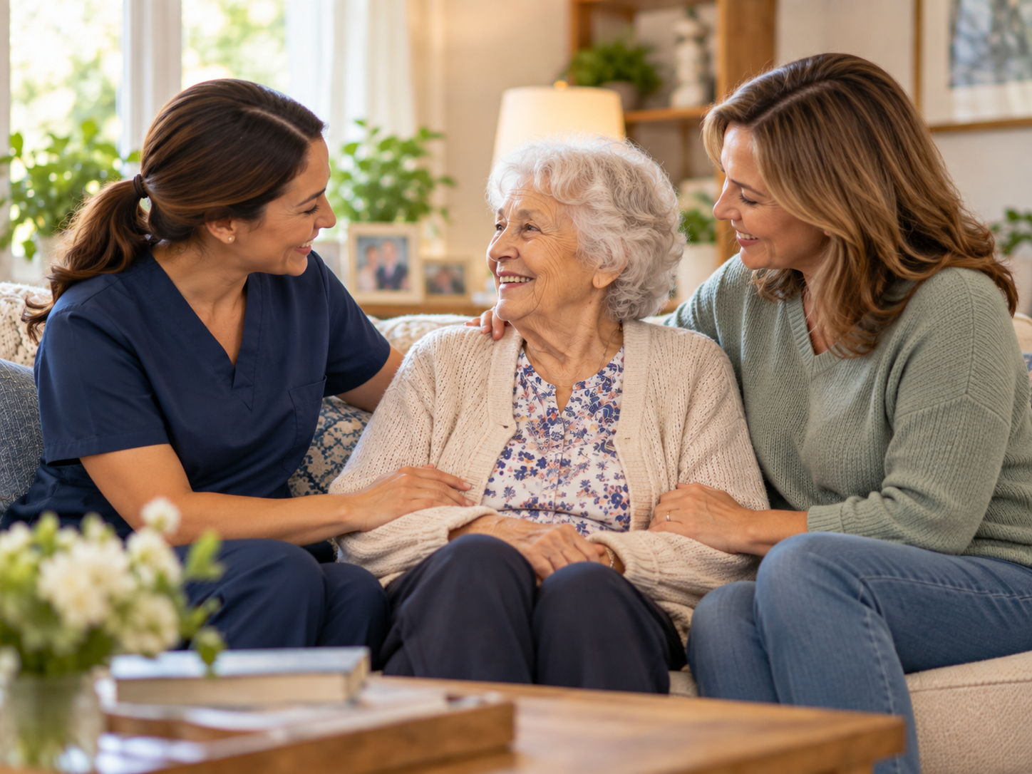 Companion caregiver sharing a warm and meaningful moment with an older adult at home.