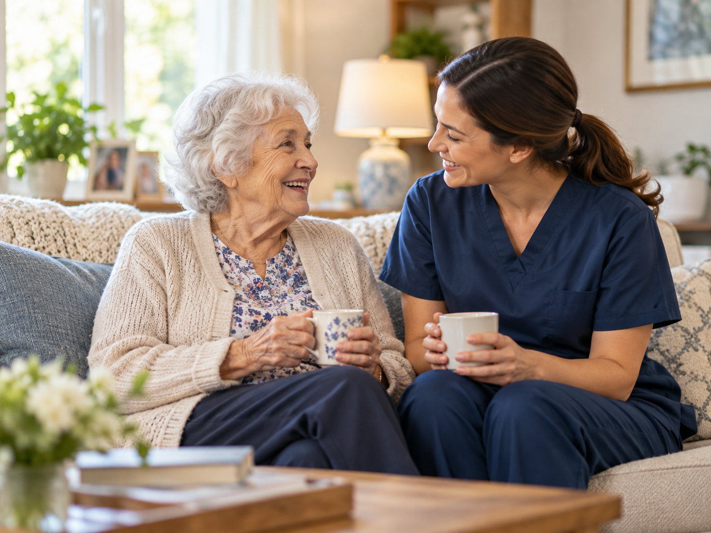 Caregiver providing warm social and emotional support to an older adult.