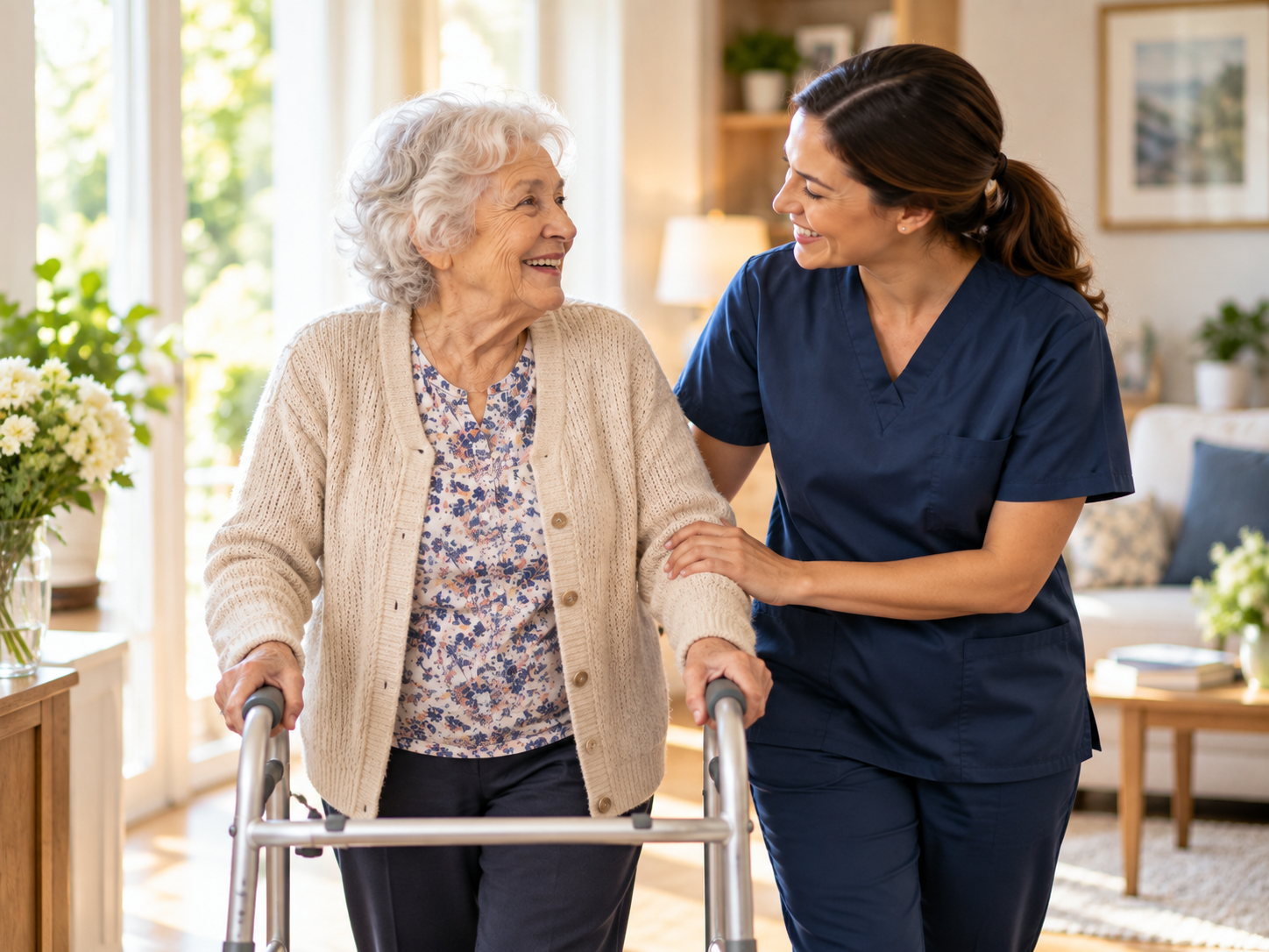 Caregiver and older adult enjoying friendly companionship and conversation at home.