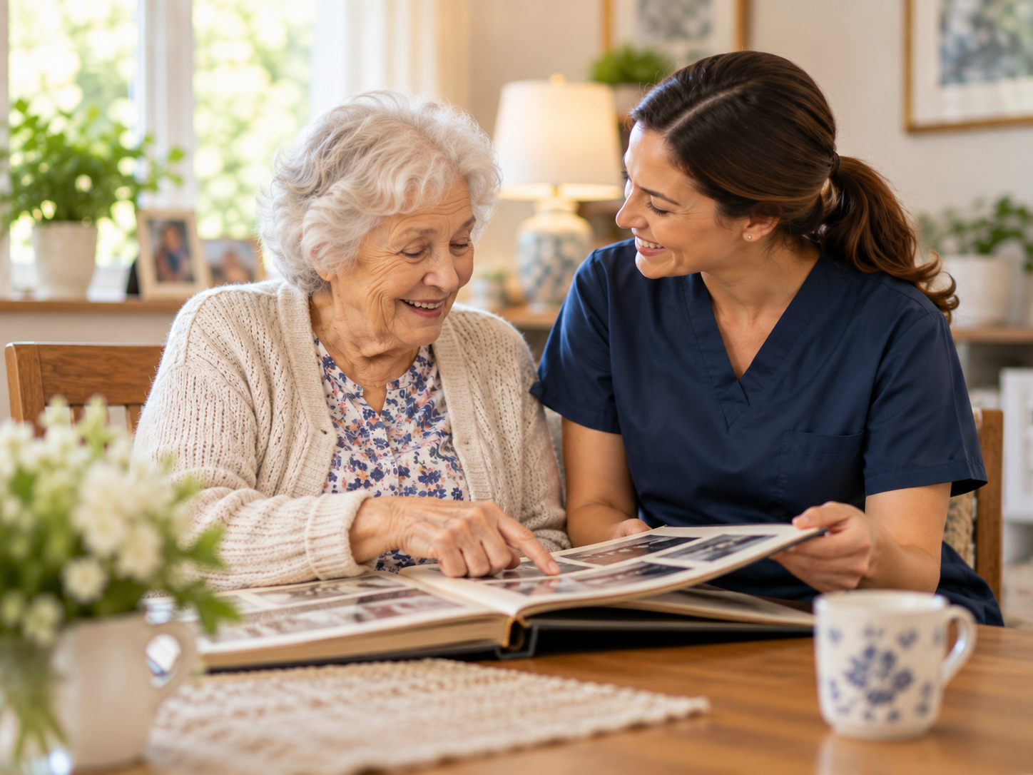 Older adult receiving supportive companionship during an everyday activity at home.