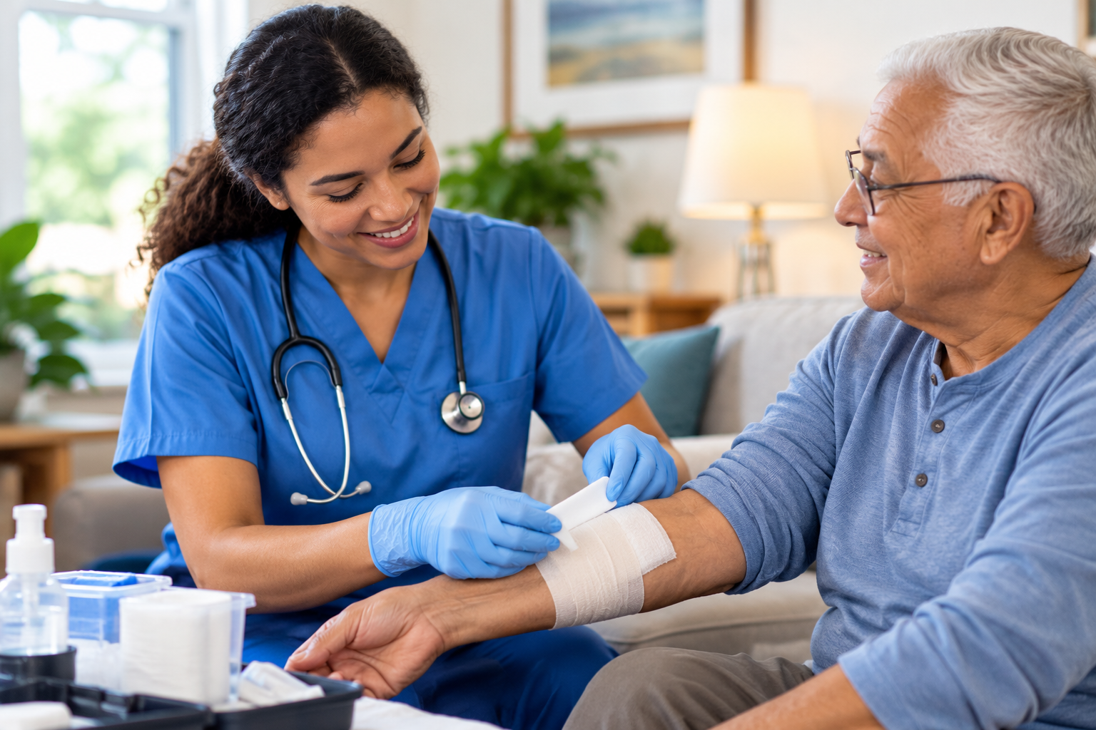 Healthcare professional supporting an older adult during an in-home nursing visit.