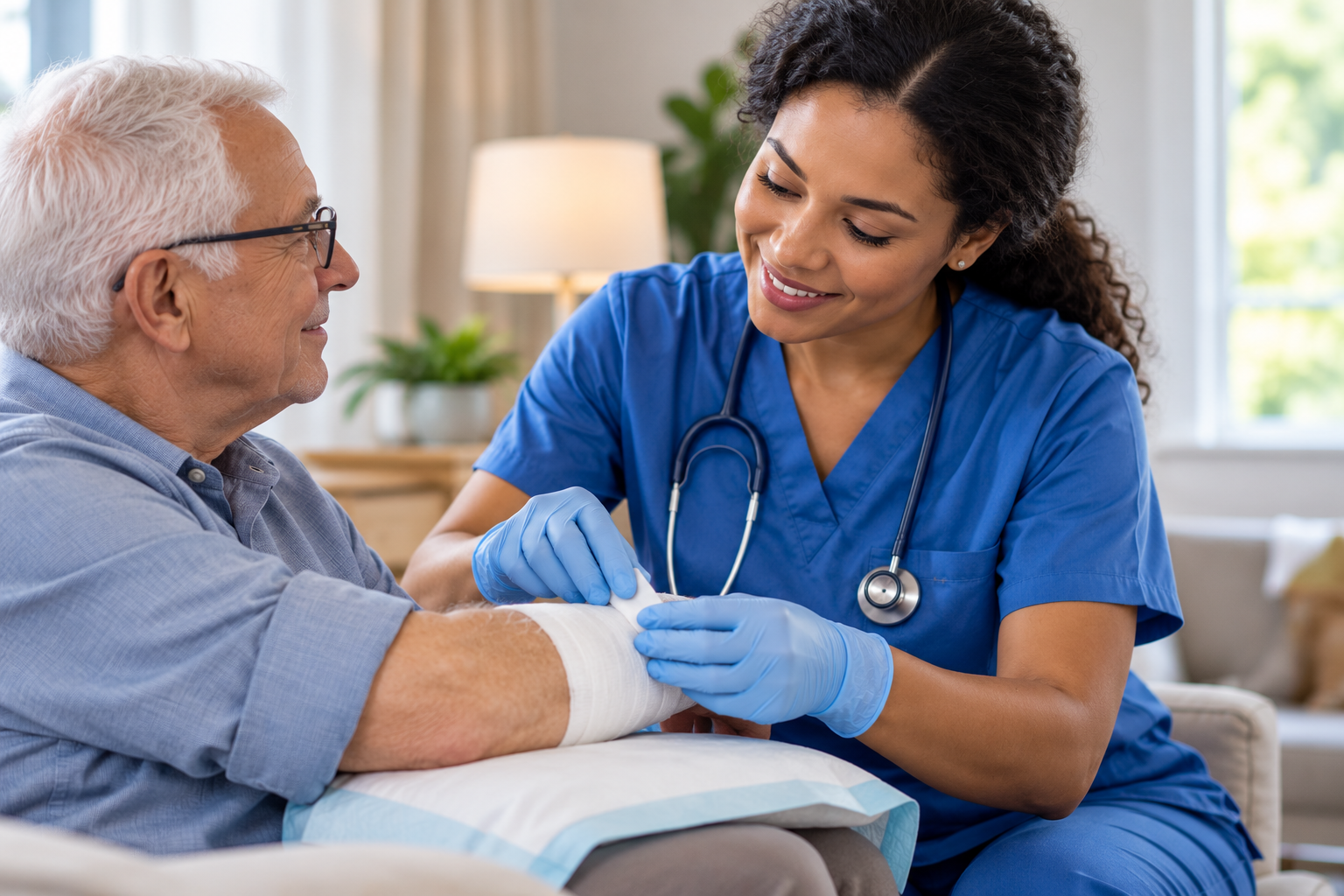 Nurse providing attentive skilled nursing care to an older adult at home.