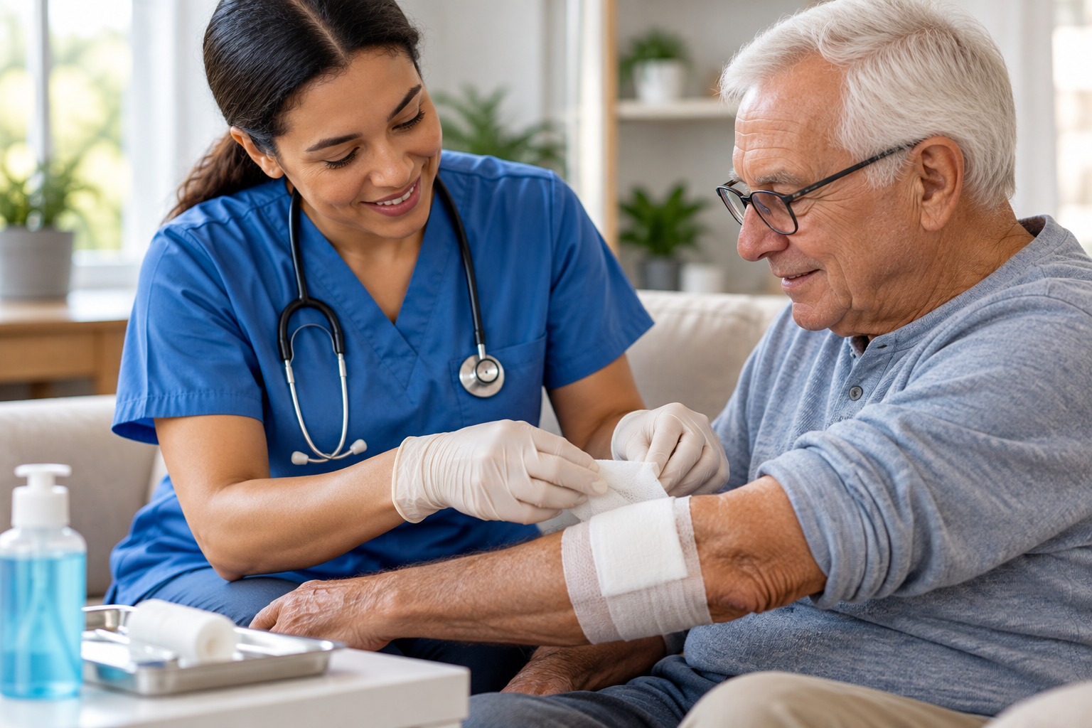 Skilled nurse delivering compassionate clinical support in a home setting.