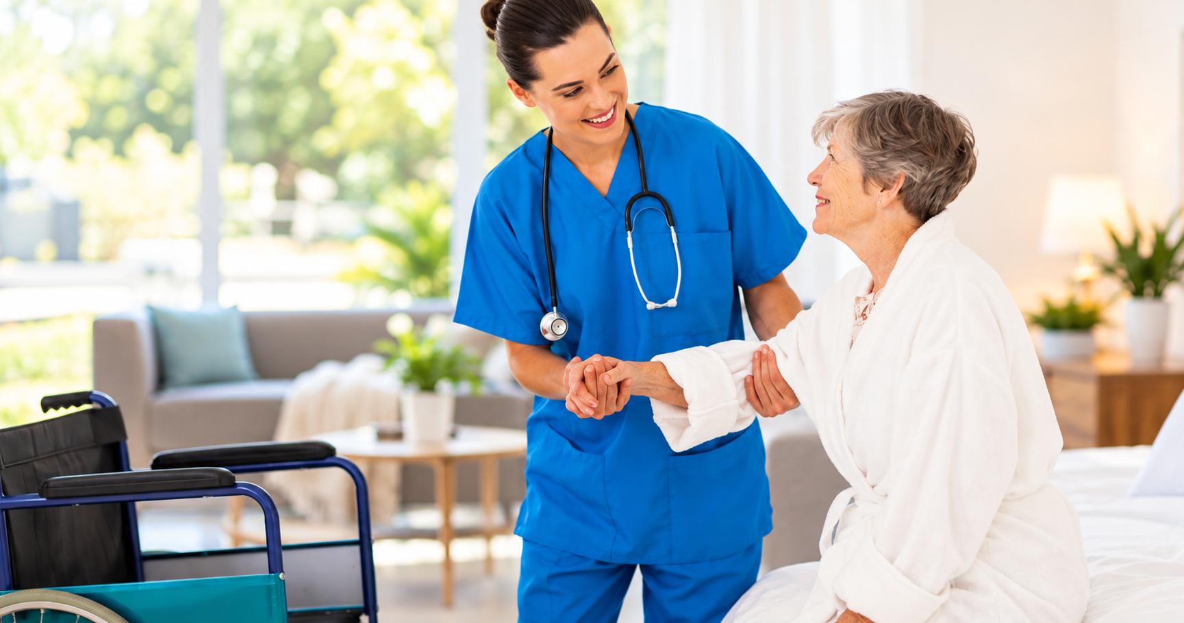 Caregiver providing personal care assistance to an older woman at home in Snellville, Georgia.