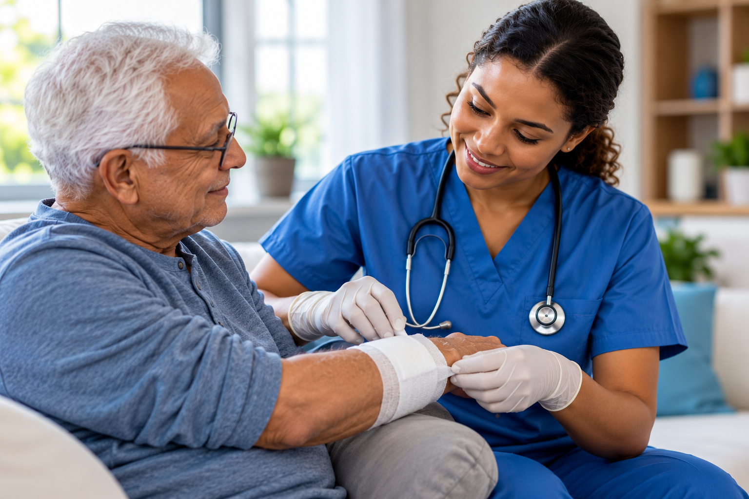 Older adult receiving respectful nursing support during a home care visit.