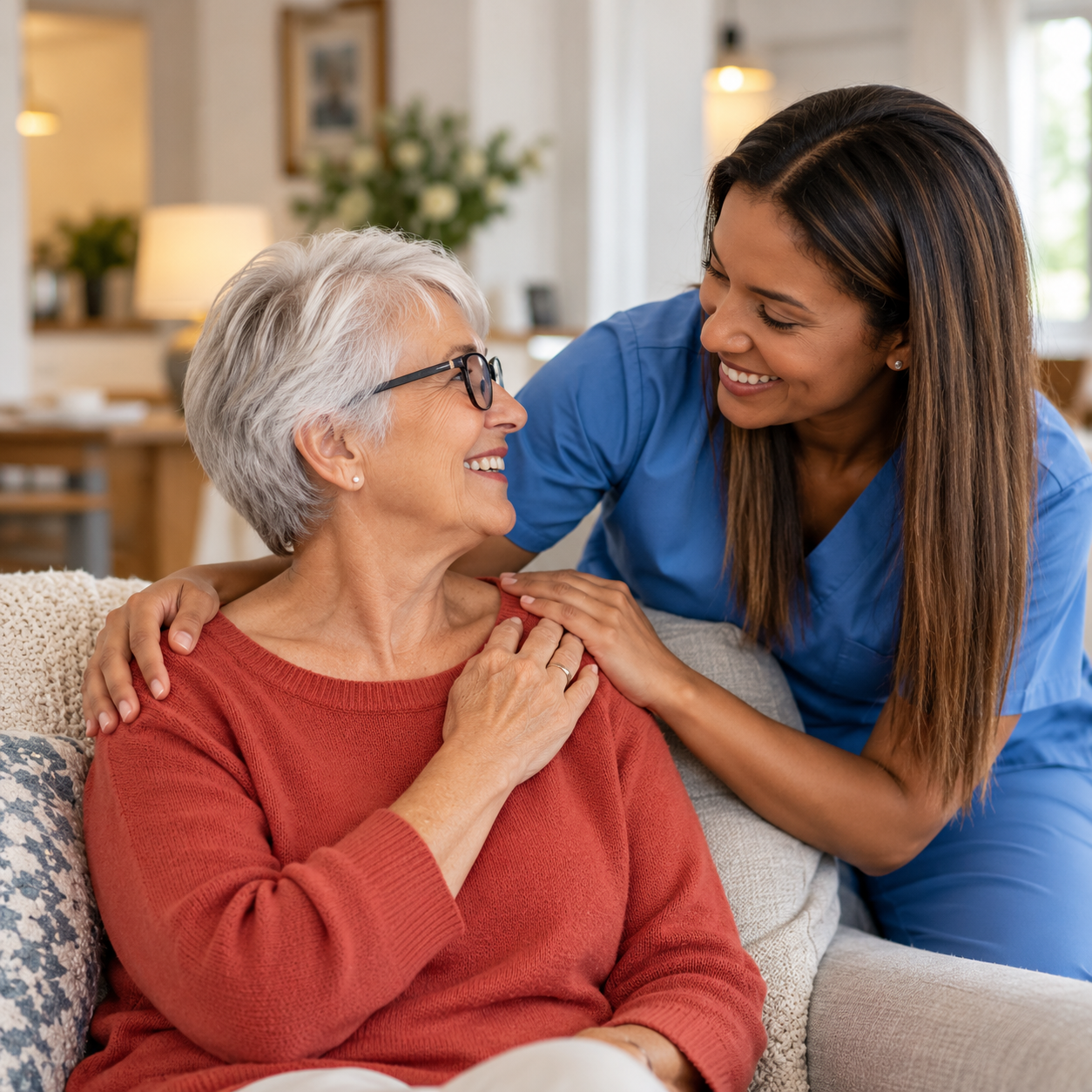 Caregiver sharing a warm and reassuring moment with an older adult at home.