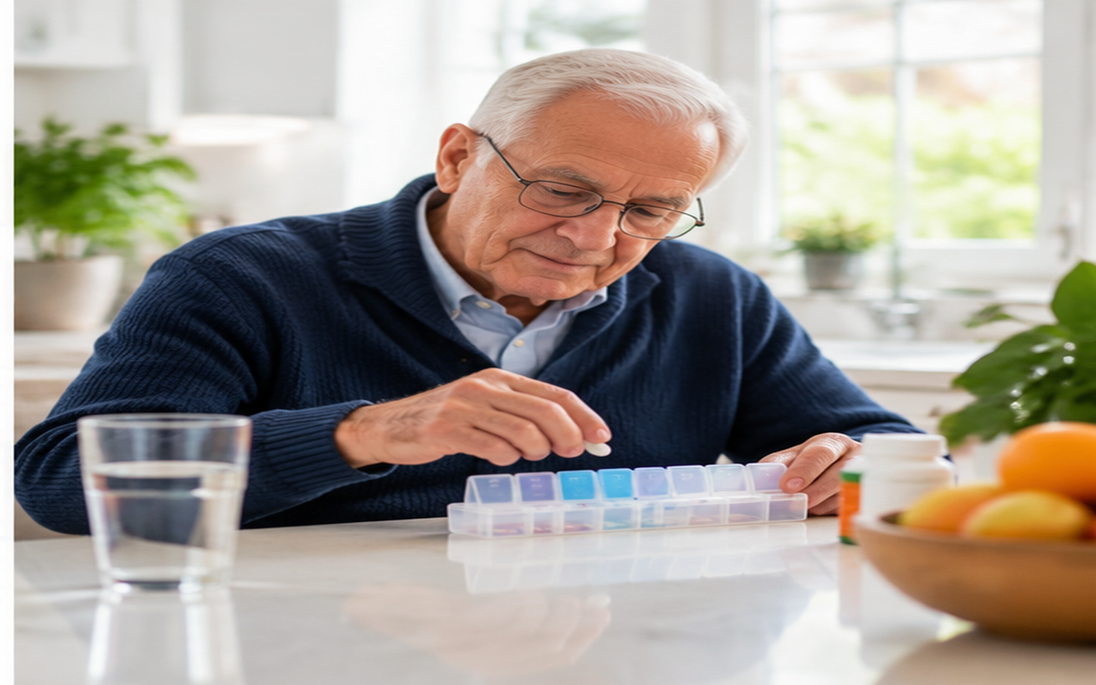 Older adult organizing medications while preparing for in-home care