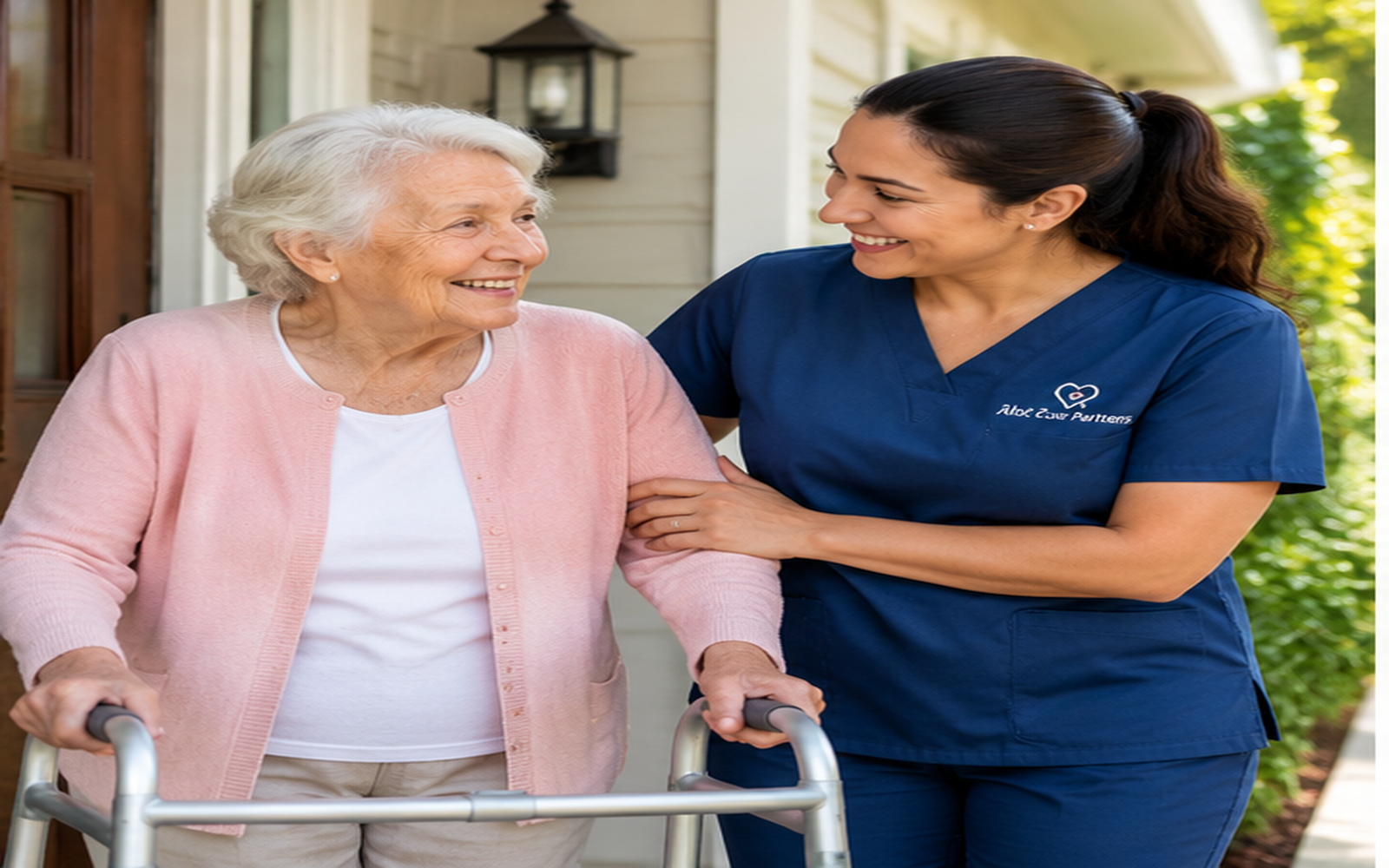 Professional caregiver supporting an older adult while helping reduce family caregiver burnout