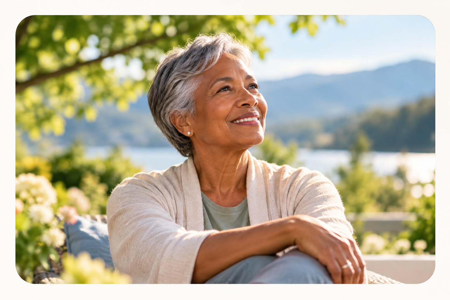 Older adult enjoying a peaceful moment outdoors in a calm natural setting.