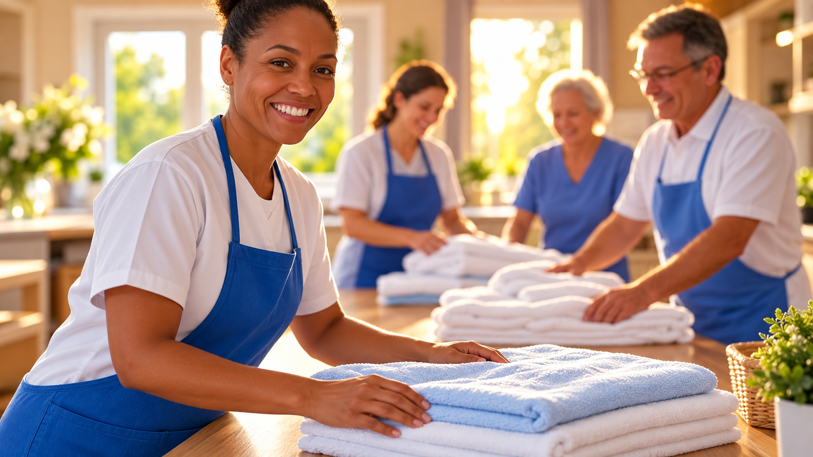 Care team folding fresh linens as part of housekeeping support at home.