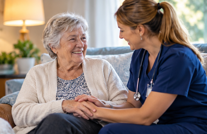 Caregiver providing comfort-focused specialized care support at home.