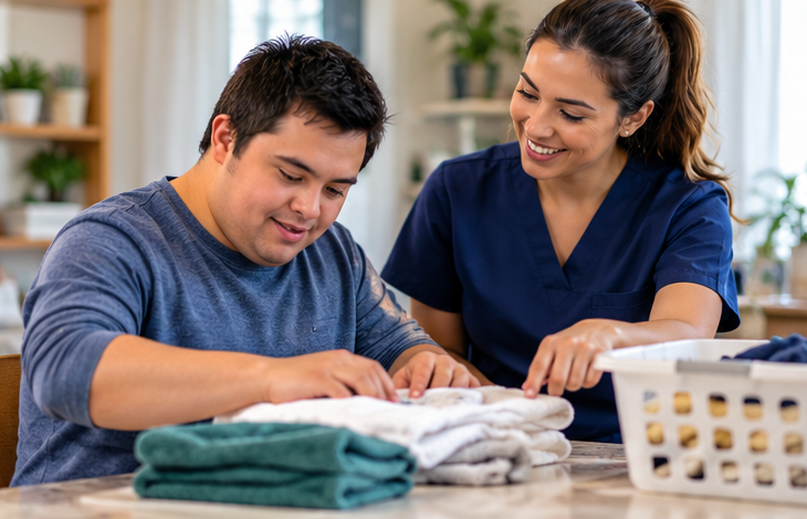 Caregiver supporting an individual with developmental needs during a daily activity at home.