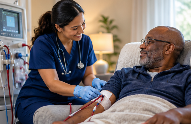 Nurse supporting an adult during an established home dialysis care routine.