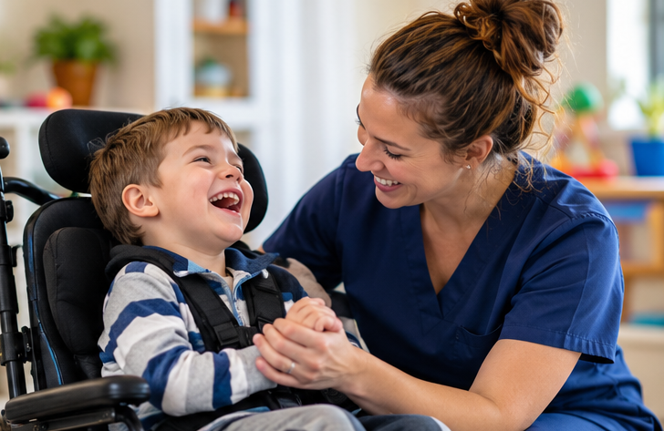 Child receiving specialized home care support with family nearby.