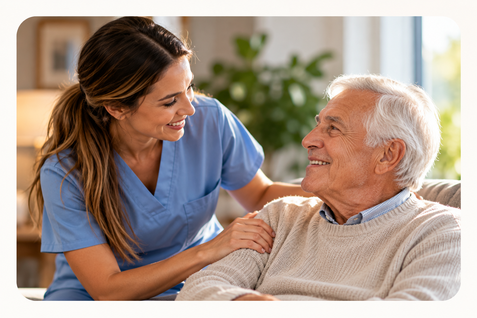 Caregiver providing warm companionship and attentive support to a senior.