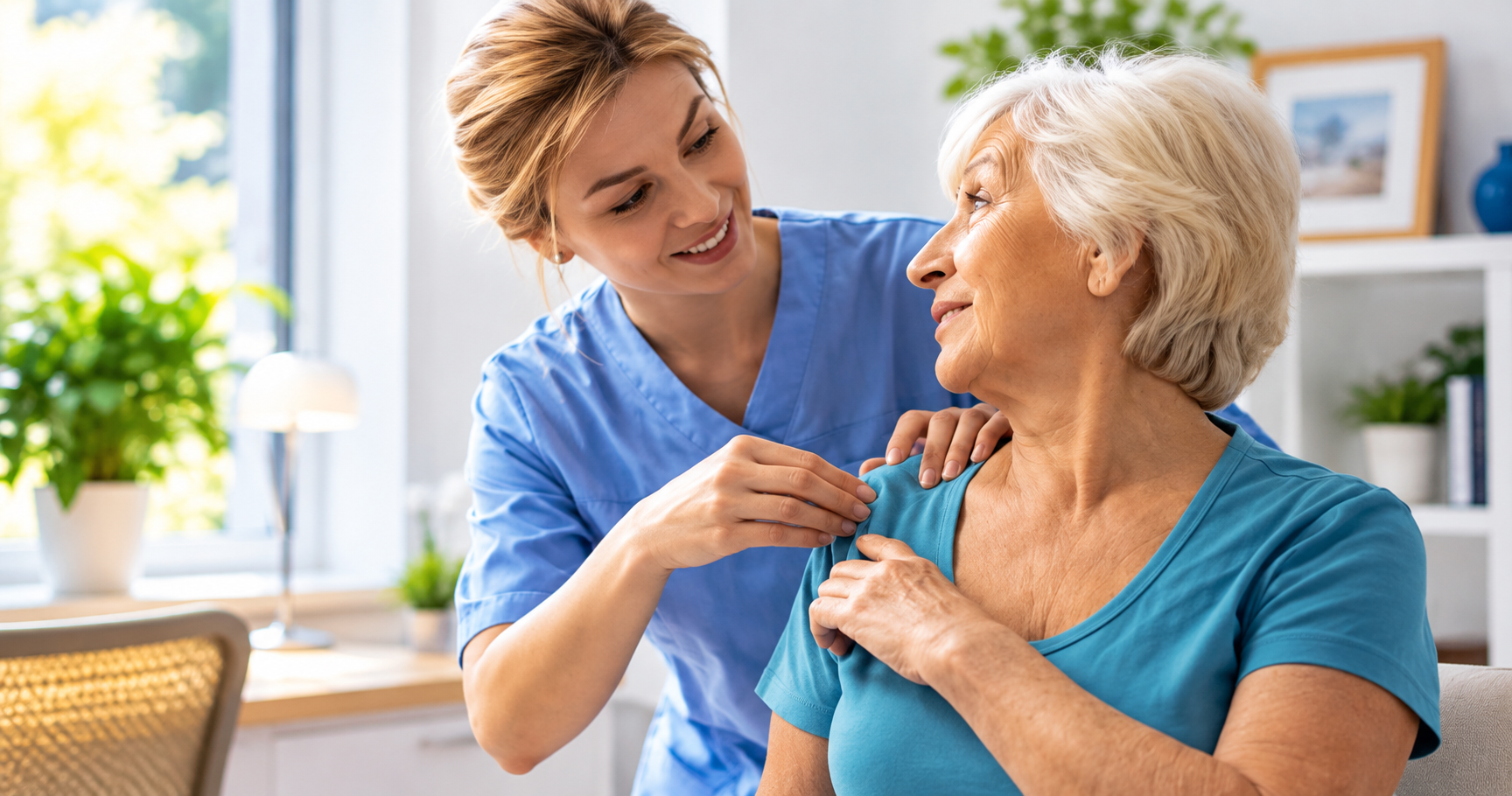 Compassionate caregiver sharing a warm and reassuring moment with an older woman at home.