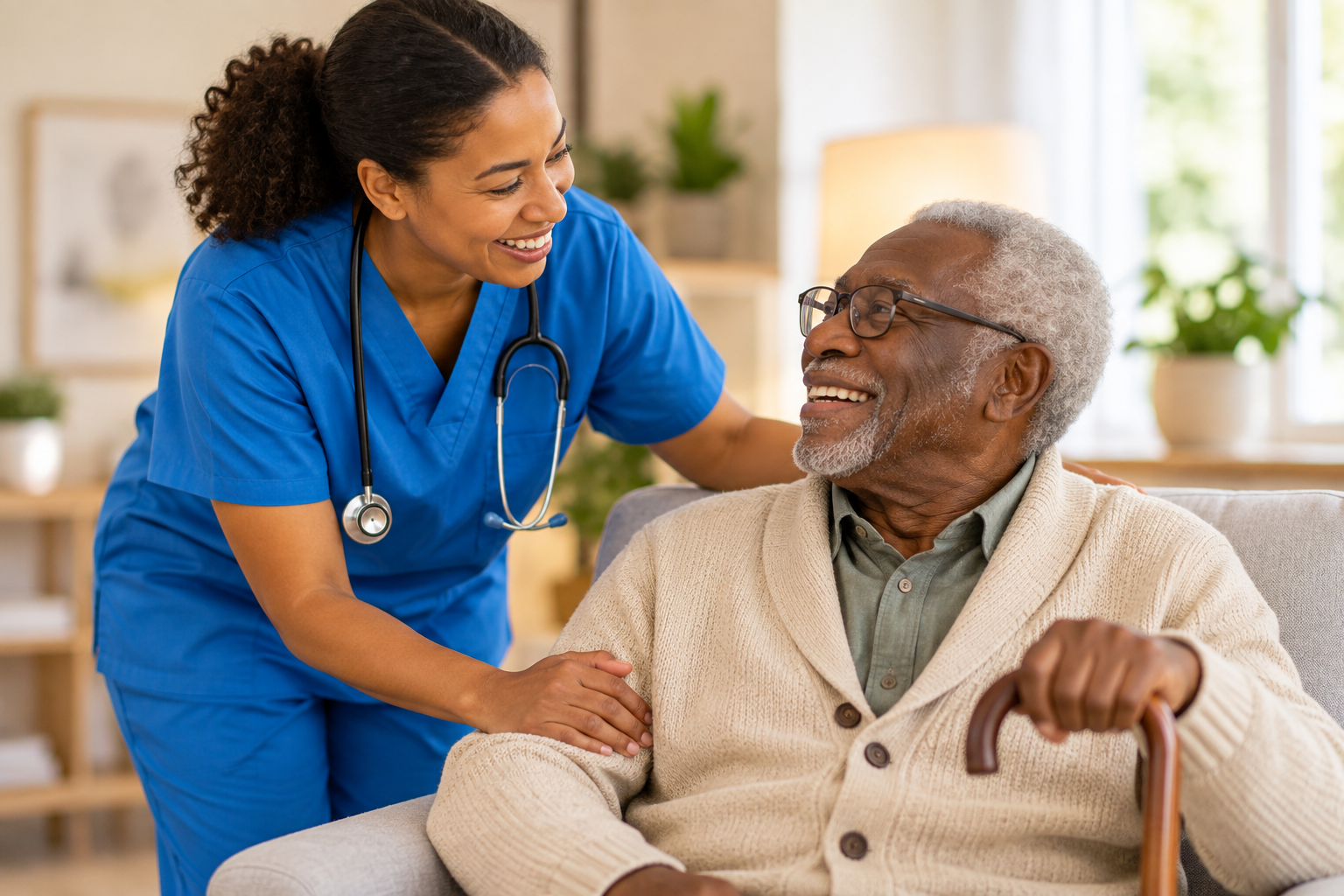 Older adult and caregiver sharing supportive in-home personal care.