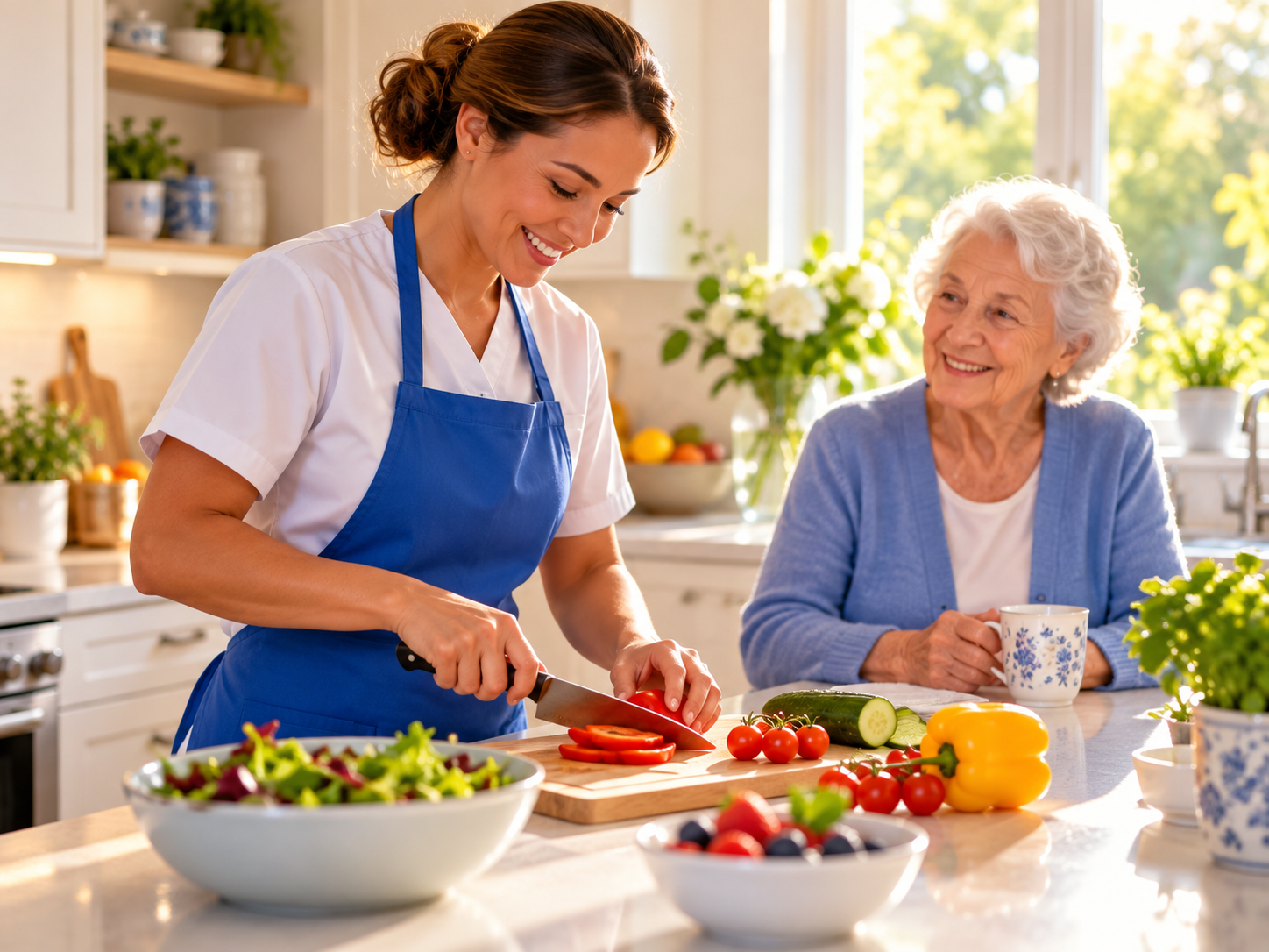 Caregiver completing everyday housekeeping tasks in an older adult’s home.