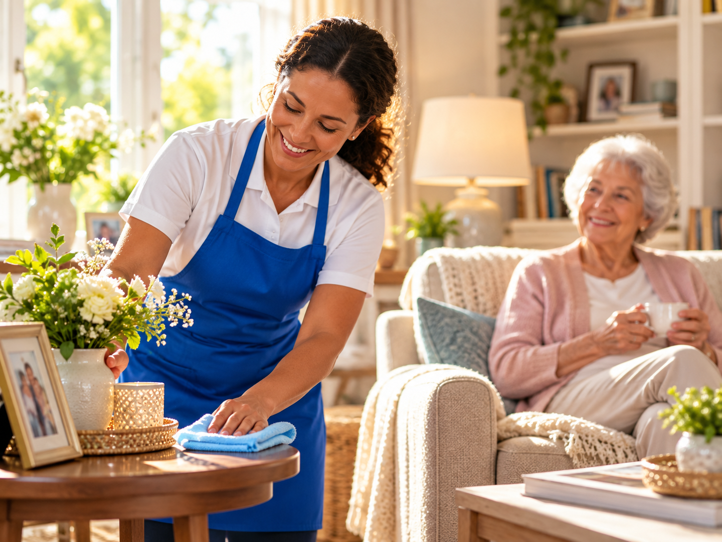 Caregiver helping an older adult with routine household support at home.
